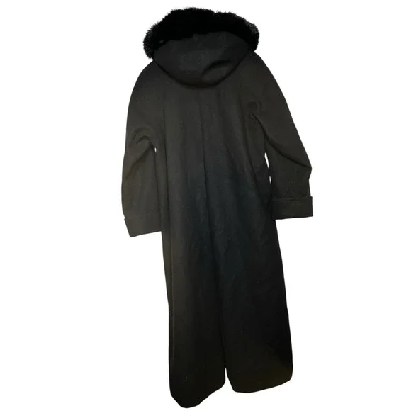 Vintage 90s DONNYBROOK Womens Full Length Wool Hooded Coat Rabbit Fur Trim Hood